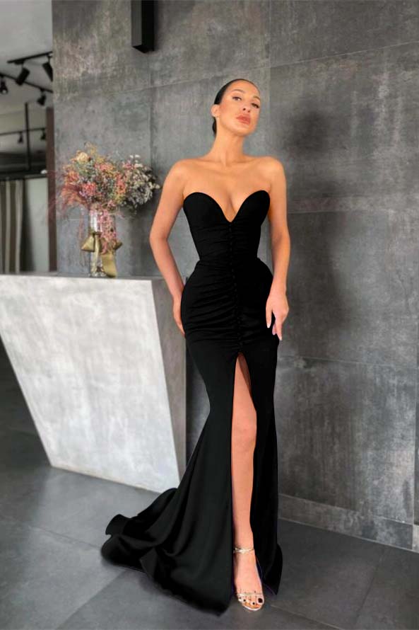 Strapless Mermaid Long Prom Dress with Pleated Split