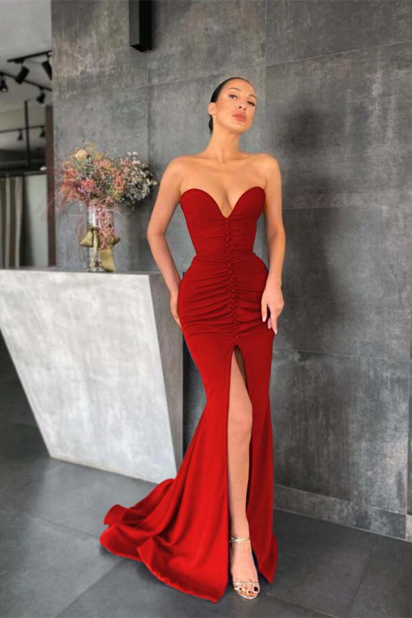 Strapless Mermaid Long Prom Dress with Pleated Split