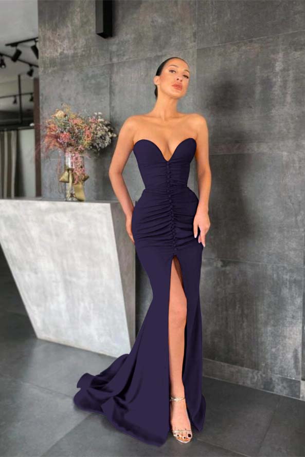 Strapless Mermaid Long Prom Dress with Pleated Split