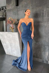 Strapless Mermaid Long Prom Dress with Pleated Split