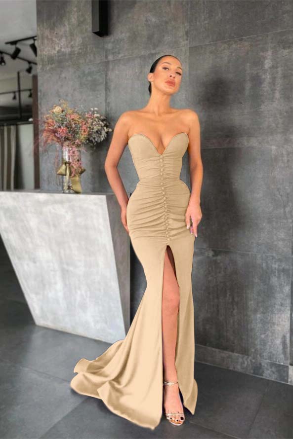 Strapless Mermaid Long Prom Dress with Pleated Split