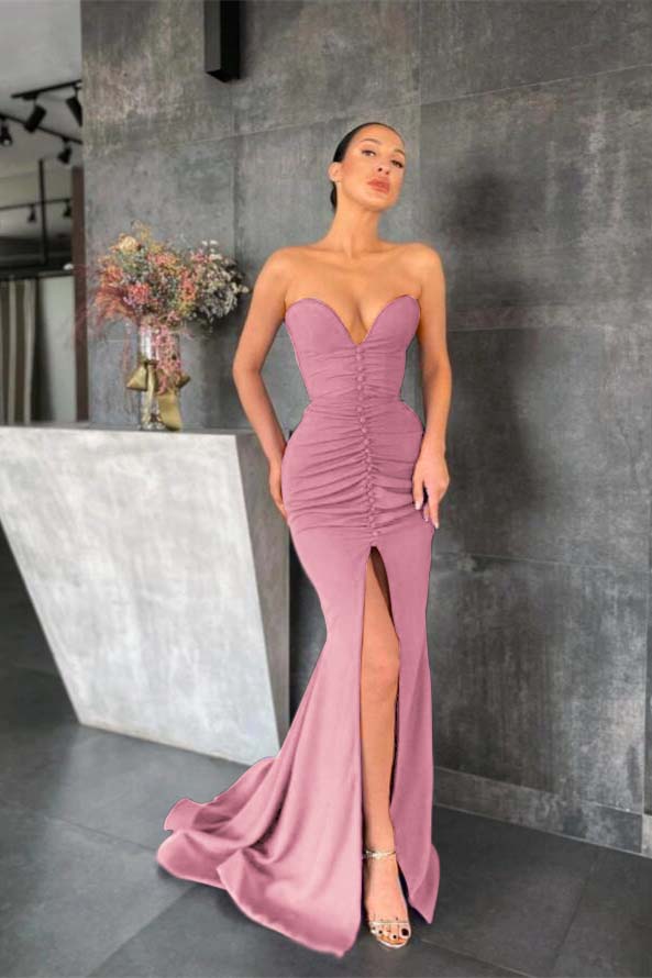 Strapless Mermaid Long Prom Dress with Pleated Split