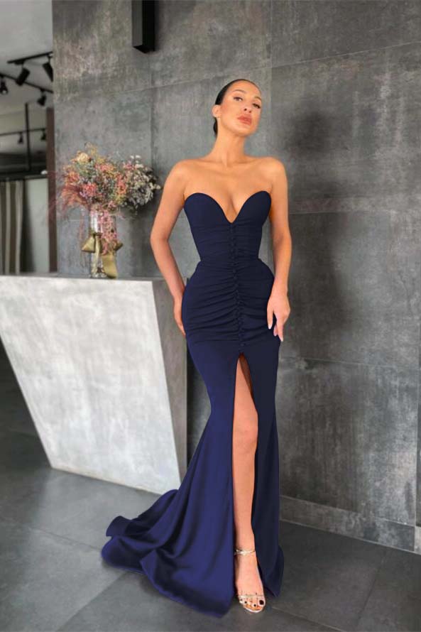 Strapless Mermaid Long Prom Dress with Pleated Split