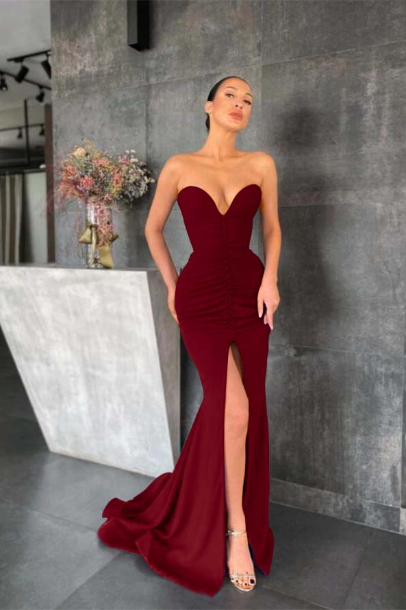 Strapless Mermaid Long Prom Dress with Pleated Split