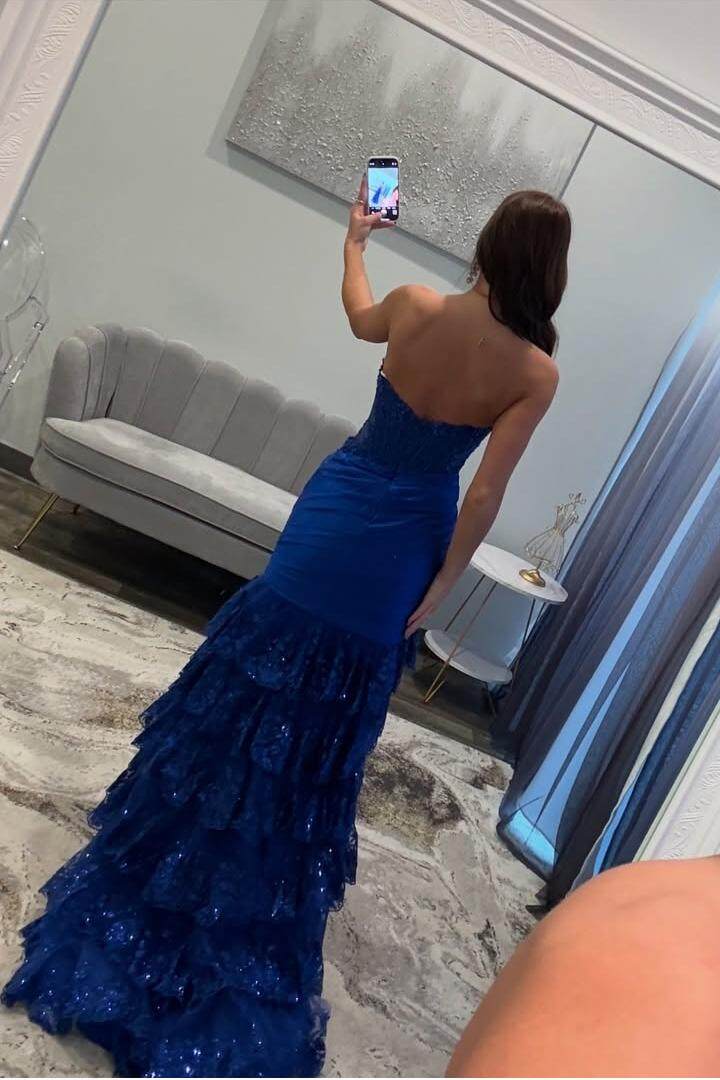Strapless Long Pleated Prom Dress with Sequins and Split