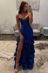 Strapless Long Pleated Prom Dress with Sequins and Split