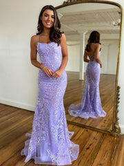 Spaghetti Strap Backless Mermaid Long Prom Dress with Appliques