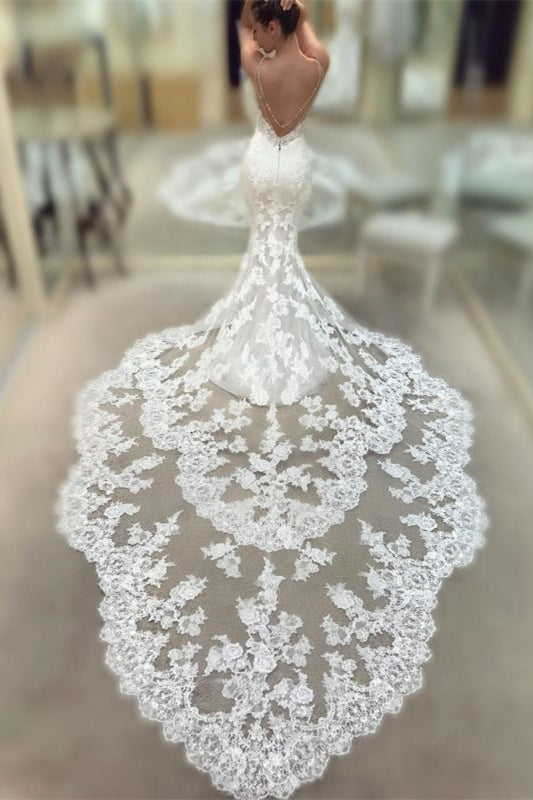 Spaghetti Strap Backless V-Neck Long Mermaid Wedding Dress with Lace