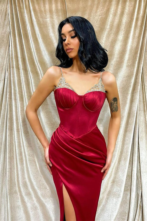 Burgundy Spaghetti Strap Mermaid Long Prom Dress with Beading and Front Split