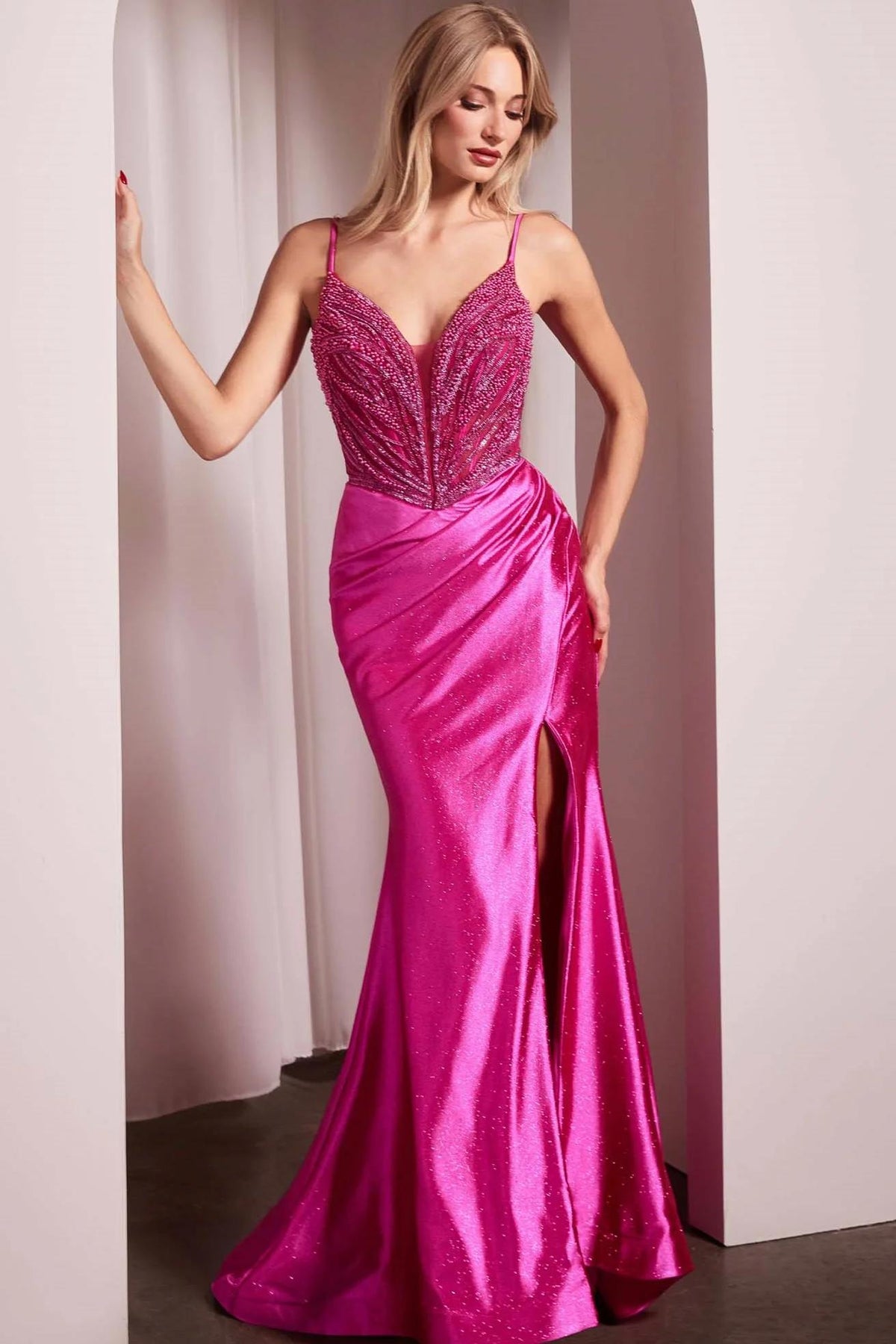 Spaghetti Strap Mermaid Long Prom Dress with Split Beading and Pleats