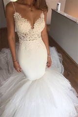 Spaghetti Strap Long Mermaid Wedding Dress with Lace Appliques