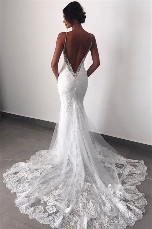 Spaghetti Strap Mermaid Lace Wedding Dress with Appliques