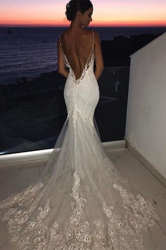 Spaghetti Strap Mermaid Lace Wedding Dress with Appliques