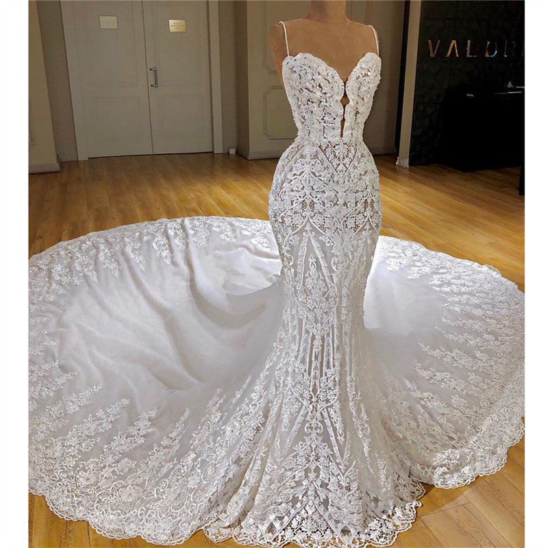 Spaghetti Strap Mermaid Wedding Dress with Lace Appliques