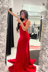 Spaghetti Strap Backless Mermaid Long Prom Dress with Ruffles
