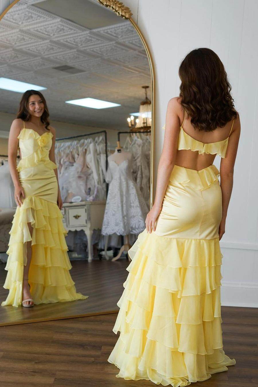 Spaghetti Strap Backless Long Prom Dress with Ruffles