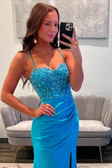 Spaghetti Strap Mermaid Long Prom Dress with Appliques