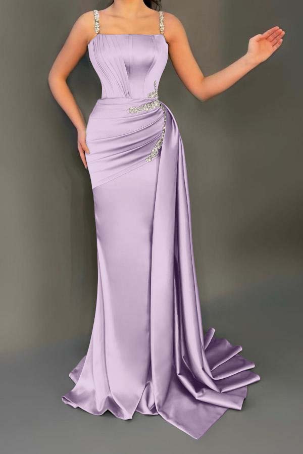 Spaghetti Strap Mermaid Long Pleated Prom Dress with Beading