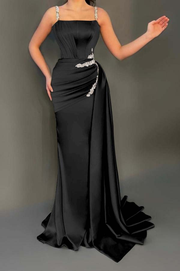 Spaghetti Strap Mermaid Long Pleated Prom Dress with Beading