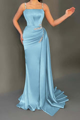 Spaghetti Strap Mermaid Long Pleated Prom Dress with Beading