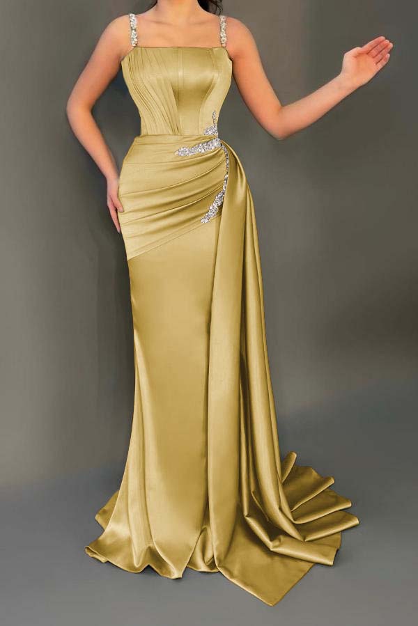 Spaghetti Strap Mermaid Long Pleated Prom Dress with Beading