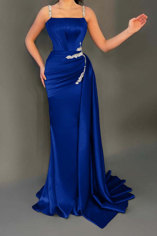 Spaghetti Strap Mermaid Long Pleated Prom Dress with Beading