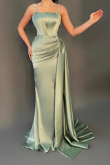 Spaghetti Strap Mermaid Long Pleated Prom Dress with Beading