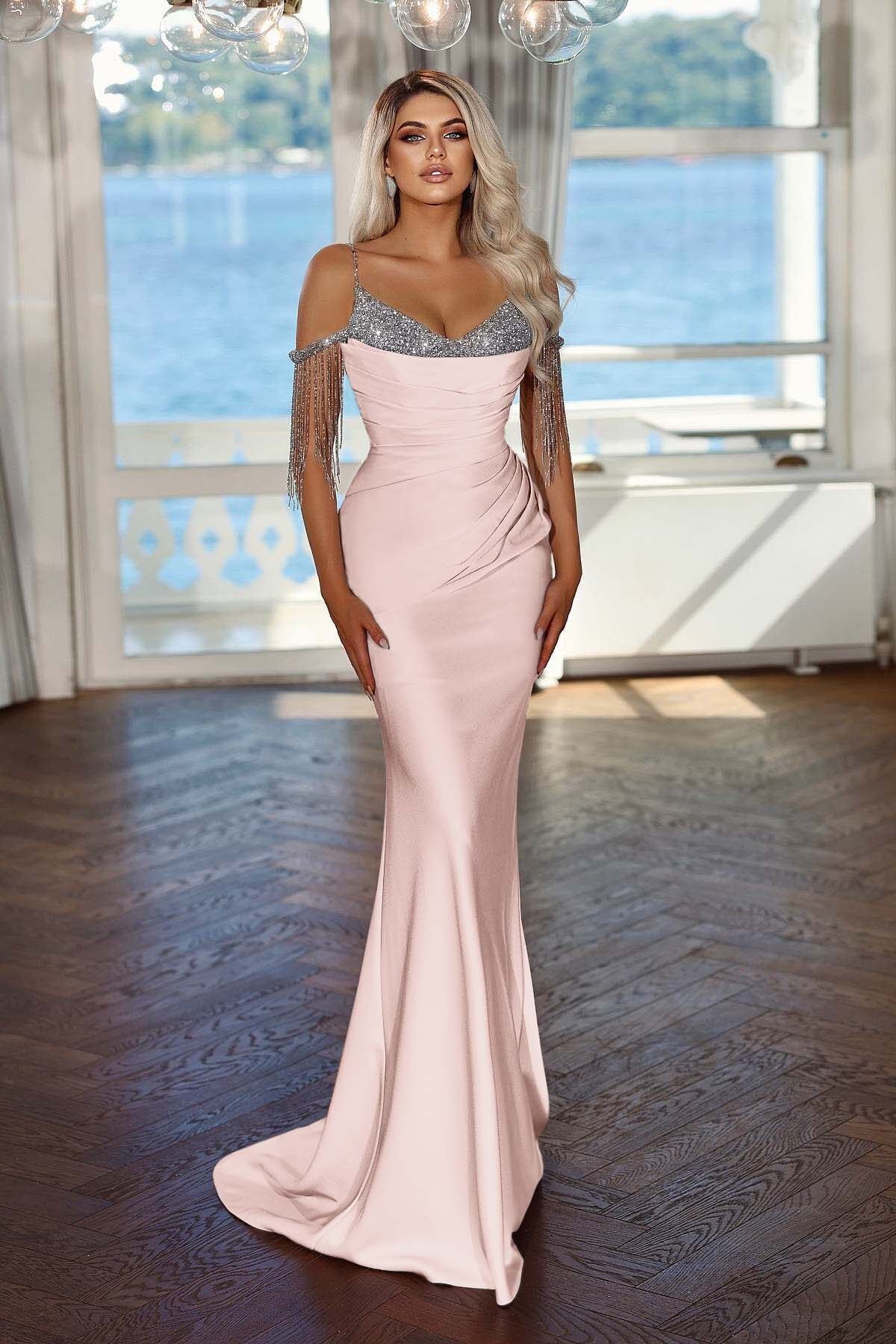 Spaghetti Strap Mermaid Long Prom Dress with Sequins