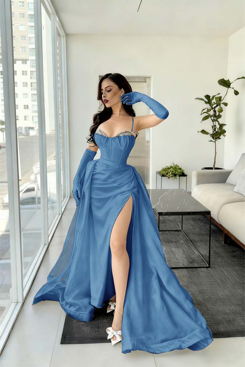 Spaghetti Strap Mermaid Long Prom Dress with Split and Gloves