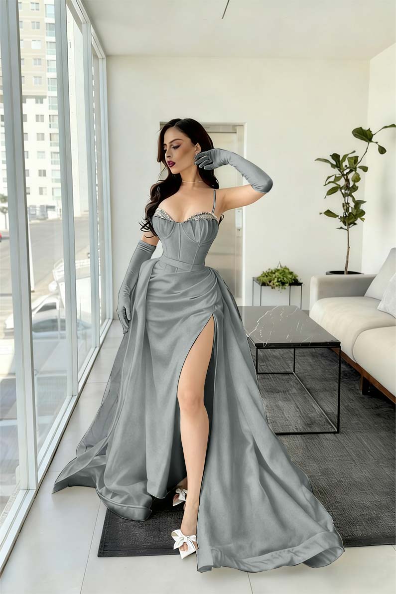 Spaghetti Strap Mermaid Long Prom Dress with Split and Gloves