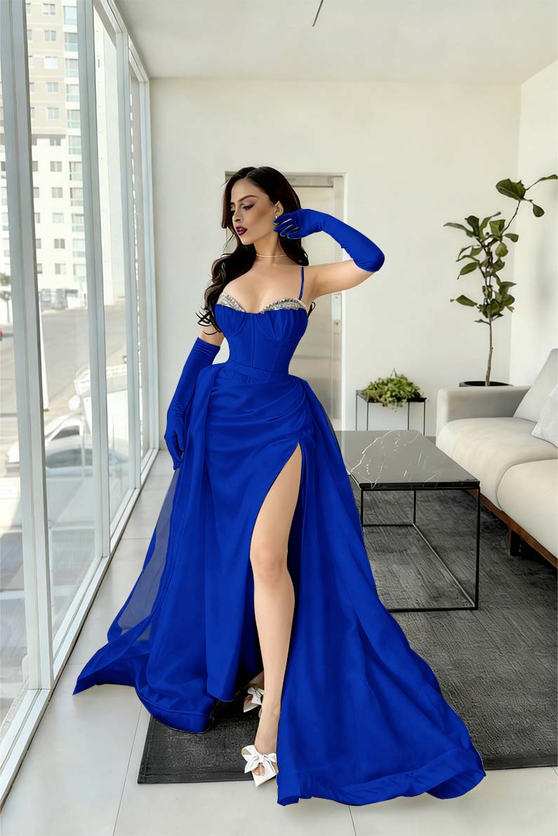 Spaghetti Strap Mermaid Long Prom Dress with Split and Gloves