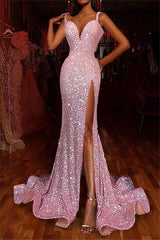 Spaghetti Strap Mermaid Long Prom Dress with Side Split and Sequins