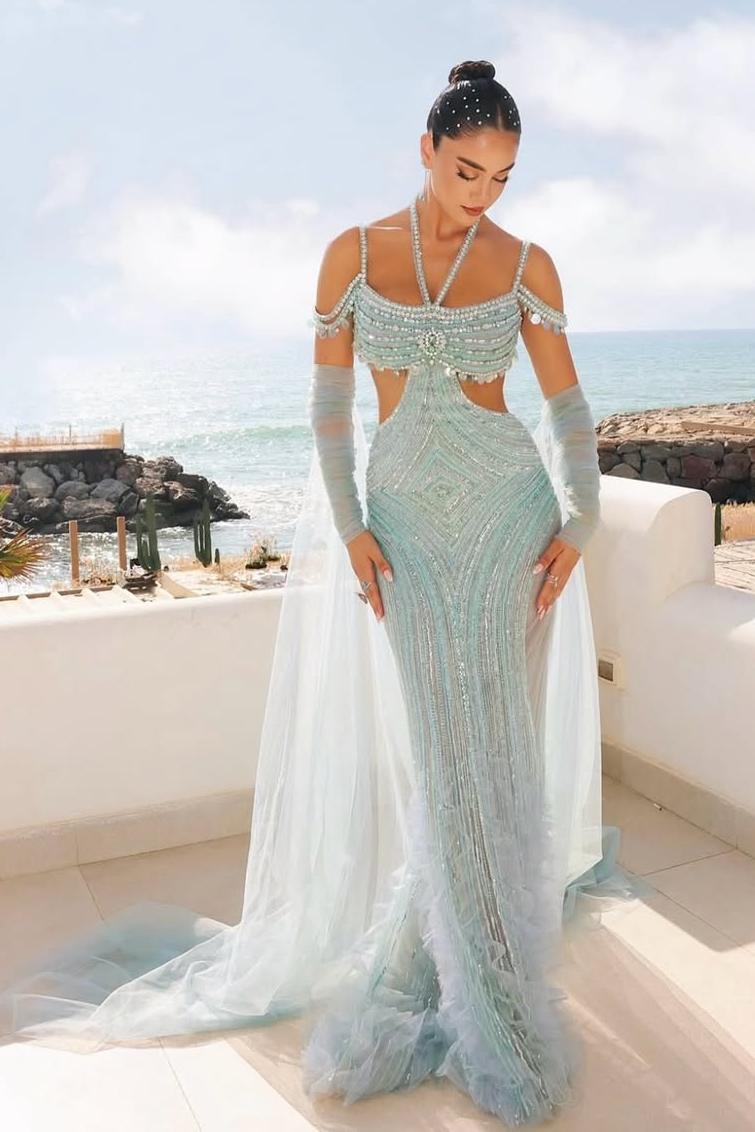 Spaghetti Strap Tulle Long Prom Dress with Beading