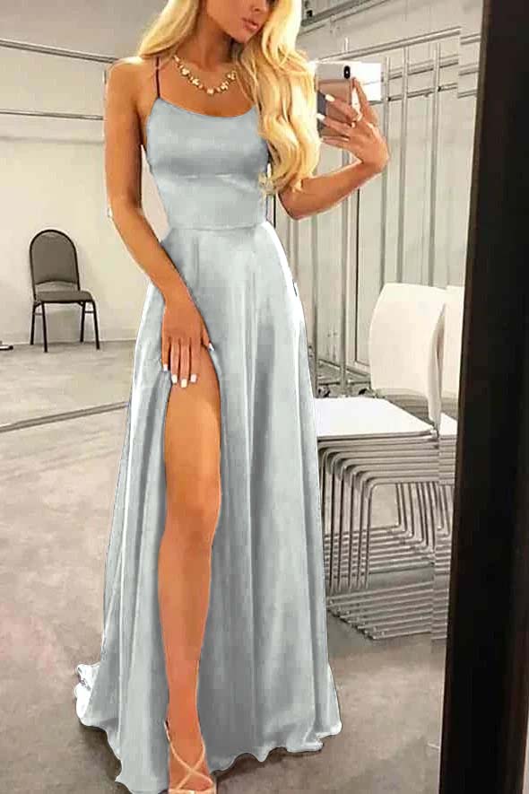 Spaghetti Strap Long Prom Dress with Split Ruffles