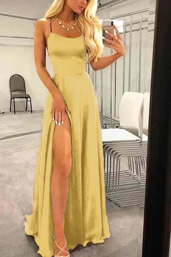 Spaghetti Strap Long Prom Dress with Split Ruffles