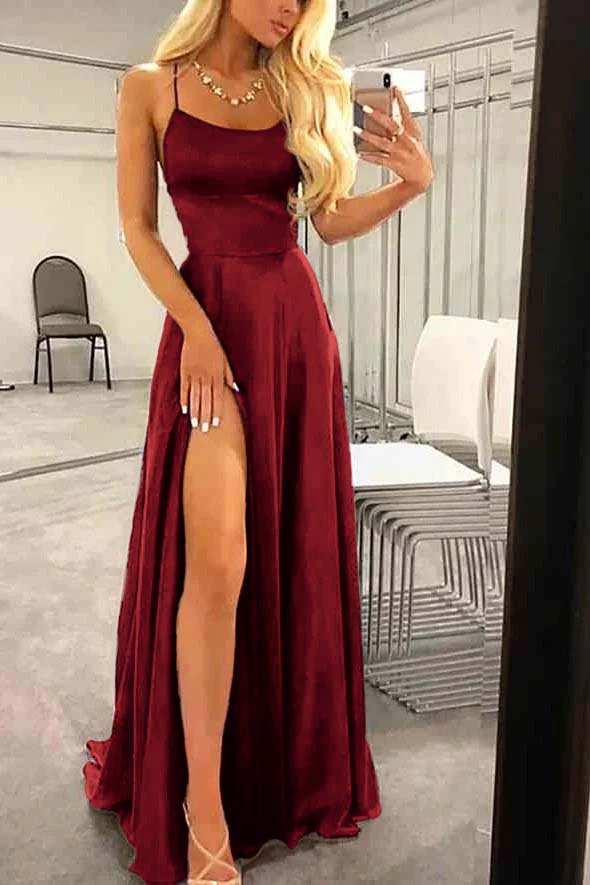 Spaghetti Strap Long Prom Dress with Split Ruffles