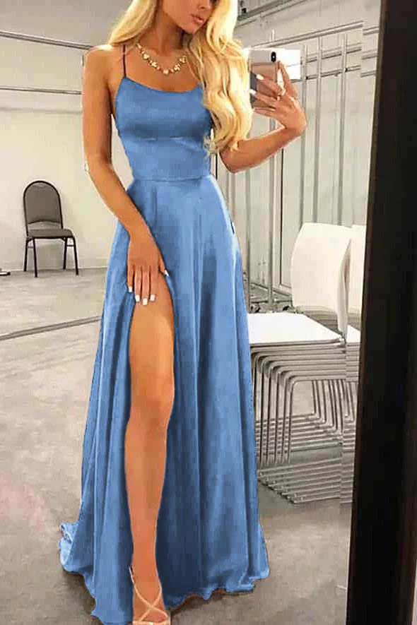 Spaghetti Strap Long Prom Dress with Split Ruffles