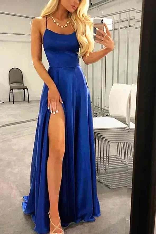 Spaghetti Strap Long Prom Dress with Split Ruffles