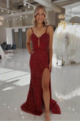Spaghetti Strap Long Prom Dress with Split and Beading