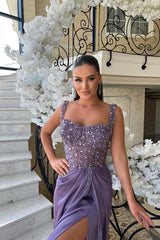 Spaghetti Strap Long Split Prom Dress with Beading