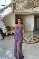 Spaghetti Strap Long Split Prom Dress with Beading