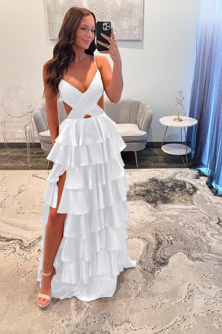 Spaghetti Strap Long Prom Dress with Split and Ruffles