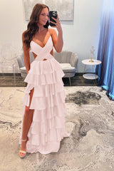 Spaghetti Strap Long Prom Dress with Split and Ruffles