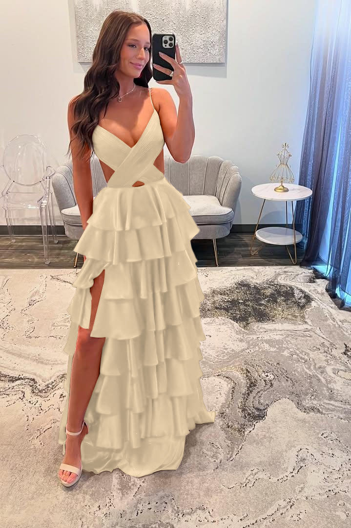 Spaghetti Strap Long Prom Dress with Split and Ruffles