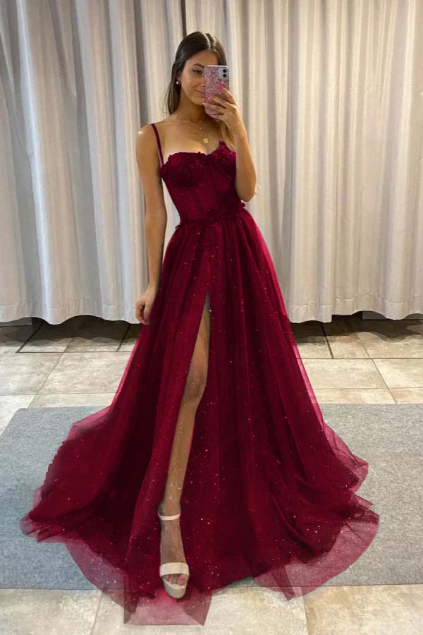 Spaghetti Strap Long Split Prom Dress with Sequins