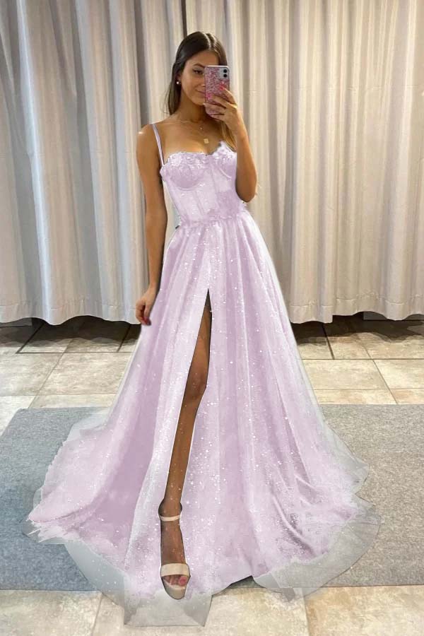 Spaghetti Strap Long Split Prom Dress with Sequins