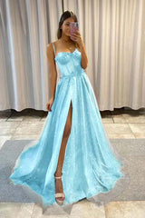 Spaghetti Strap Long Split Prom Dress with Sequins