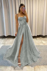 Spaghetti Strap Long Split Prom Dress with Sequins