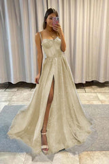 Spaghetti Strap Long Split Prom Dress with Sequins