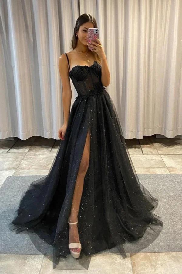 Spaghetti Strap Long Split Prom Dress with Sequins